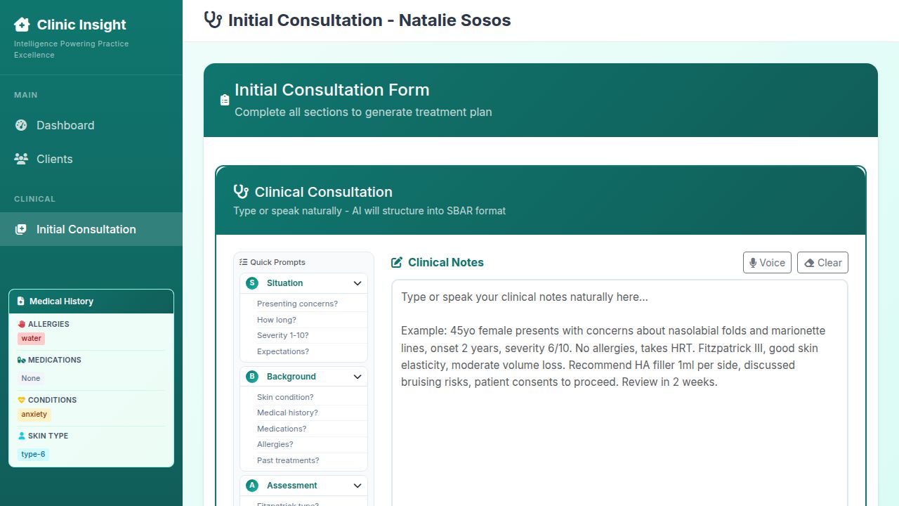 Clinic Insight AI consultation form with SBAR prompts and clinical notes