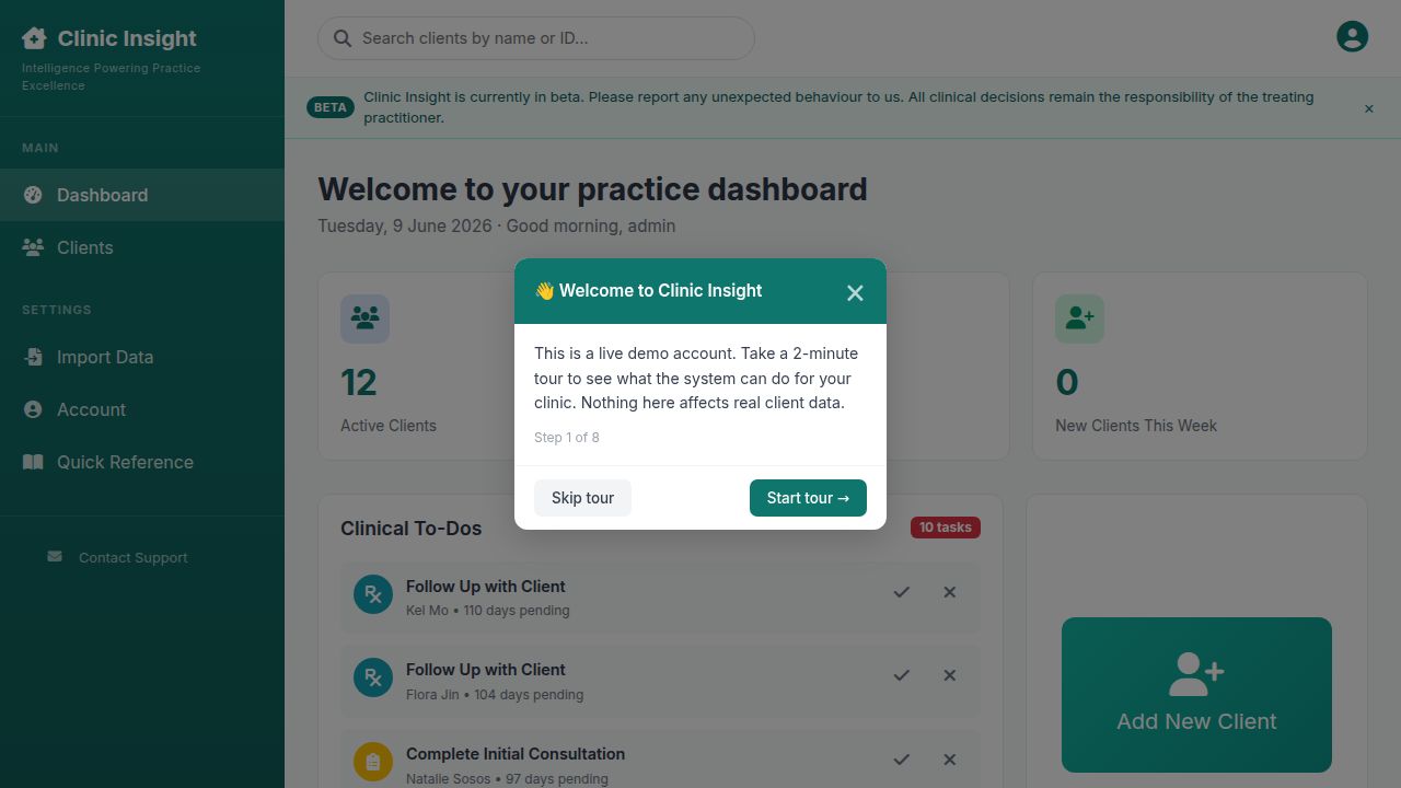 Clinic Insight dashboard — practice overview with clinical to-dos and client stats