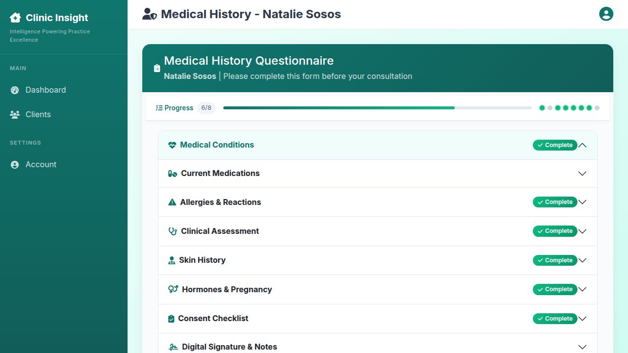 Clinic Insight medical history questionnaire with progress tracking