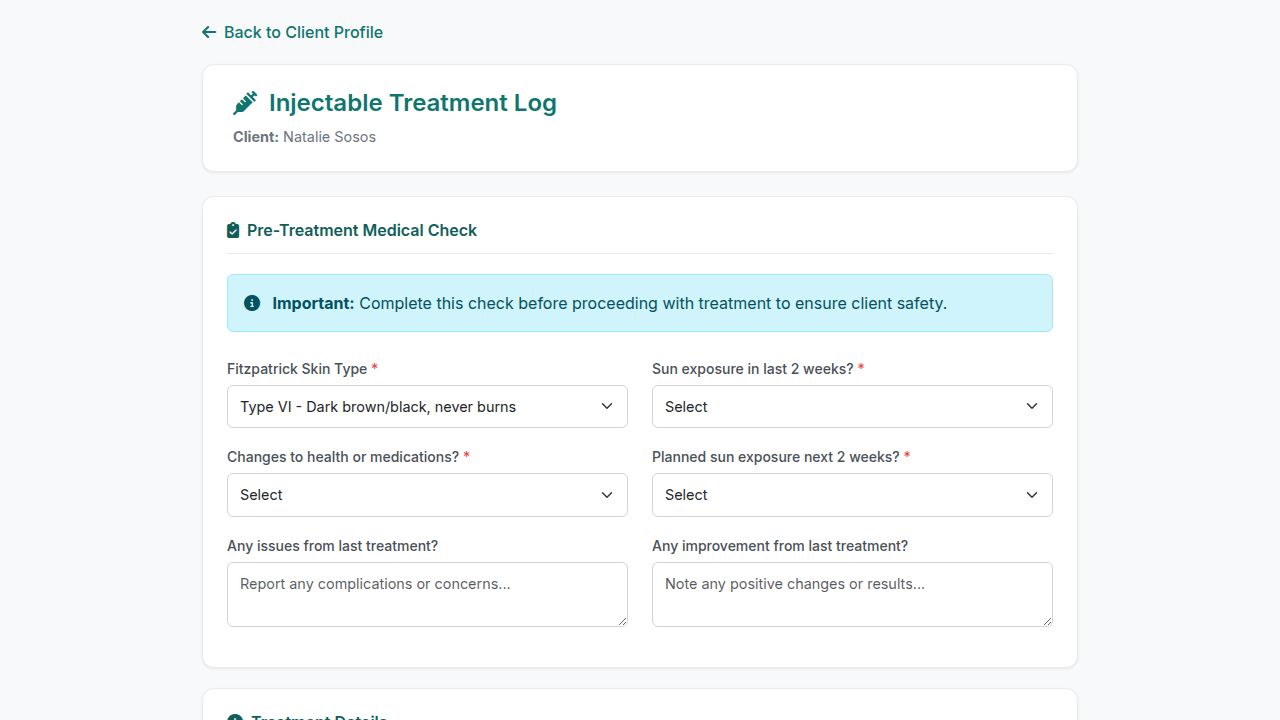 Clinic Insight injectable treatment log with pre-treatment medical check